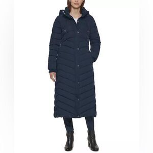 Tommy Hilfiger Womens Navy Hooded Maxi Puffer Coat Extra Small New